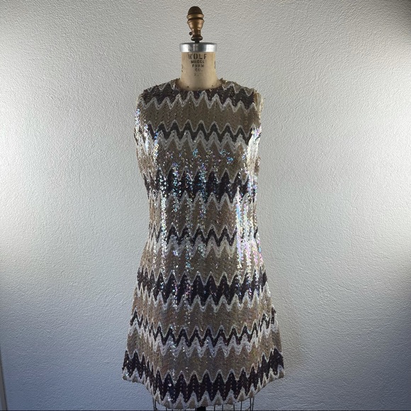 Vintage Dresses & Skirts - Vintage l 60s S Iridescent Sequin A-Line Twiggy Scooter Vespa MCM Mod Mini Dress